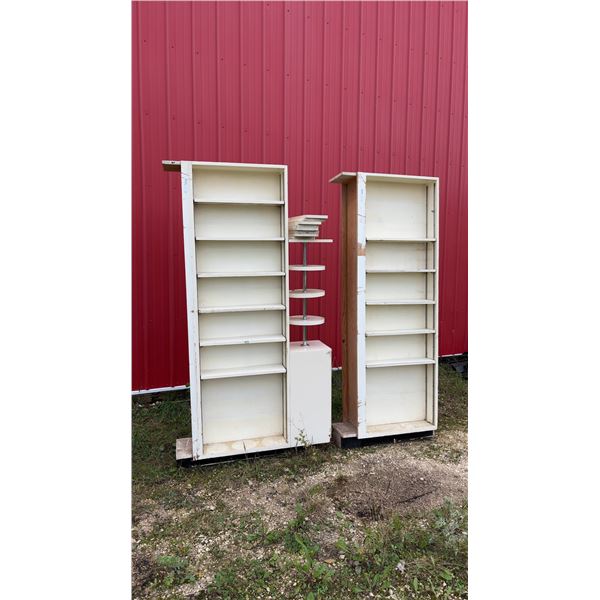 Two White Wood Display Shelves, One with Cabinet and Three Round Tiered Shelves 78 × 45 × 12