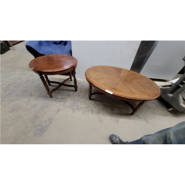 Wood End Table 21”×26”×23” Round and Oval, Each with Inlaid Wood Tops and Turned Legs and coffee