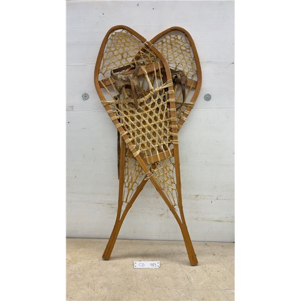 Vintage Pair of Huron-Style Wooden-Framed Snowshoes with Rawhide Lacing and Leather Bindings