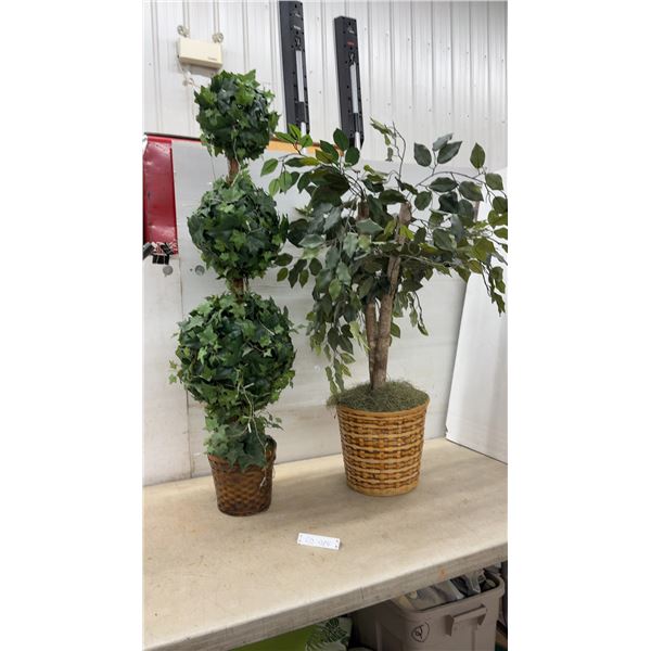 Faux Ficus Tree in Woven Basket and Ivy Topiary in Basket Planter, Tallest, 49”
