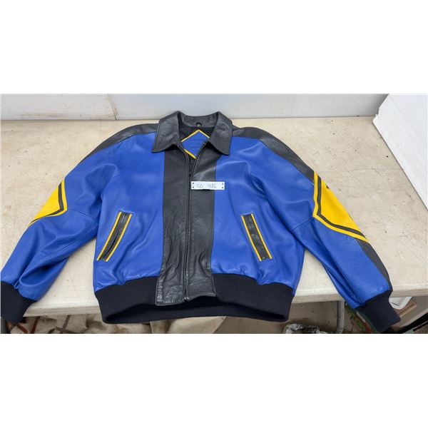 Rare Michael Hoban North Beach Lambskin Leather Bomber Jacket, Size XL, Blue, Black, and Yellow
