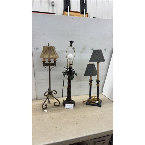 Vintage-Style Bronze Metal Table Lamps with Scrolled Base and Palm Motif, Set of 3, Tallest 32”
