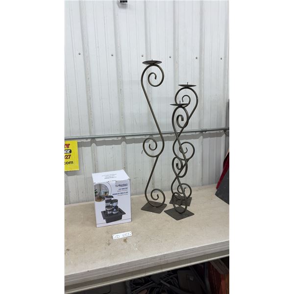 LED Table Top Water Fountain and 3 Brass Candle Holders - Largest 39” tall