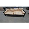 Image 1 : Black Lacquered Sofa with Floral Upholstery and Cushions. 86” wide