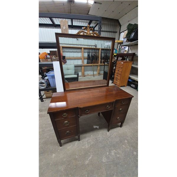 Vintage Wood Vanity and Mirror with Carved Gold-Tone Finial