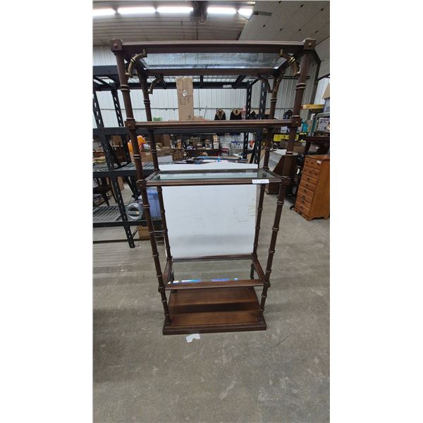 Dark Wood and Glass Display Shelf with Gold Accents 5 tier. 72”×32”×14”