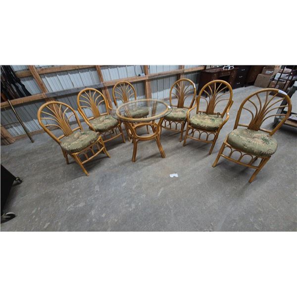 Rattan Table with Glass Top and Six Rattan Dining Chairs
