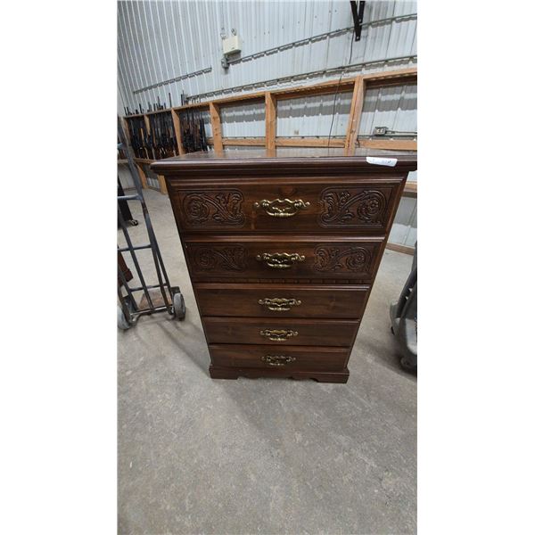 Carved Wood Chest of Drawers with Brass Handles. 50”×34”×18”