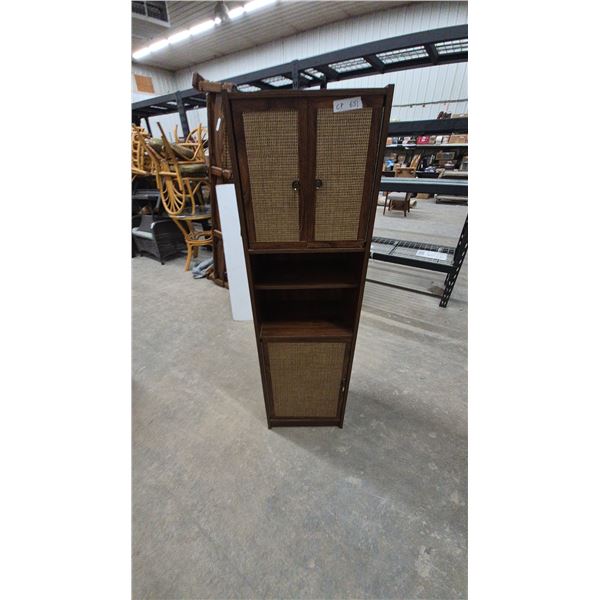 Rattan and Wood Cabinet with Two Doors, Two Open Shelves, and Lower Cabinet. 60”×17”×12”