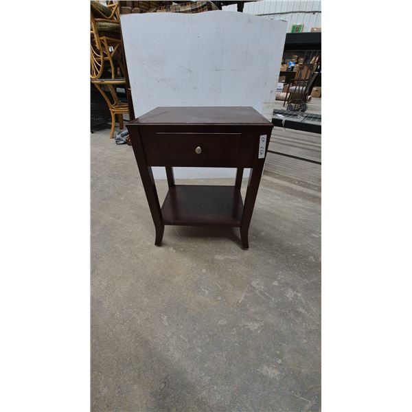 Dark Wood End Table with Drawer and Shelf. 28”×17”×22”