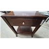 Image 4 : Dark Wood End Table with Drawer and Shelf. 28”×17”×22”
