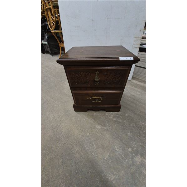 Dark Wood Two-Drawer Nightstand with Carved Details and Brass Hardware. 25”×22”×16”