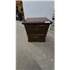Image 1 : Dark Wood Two-Drawer Nightstand with Carved Details and Brass Hardware. 25”×22”×16”
