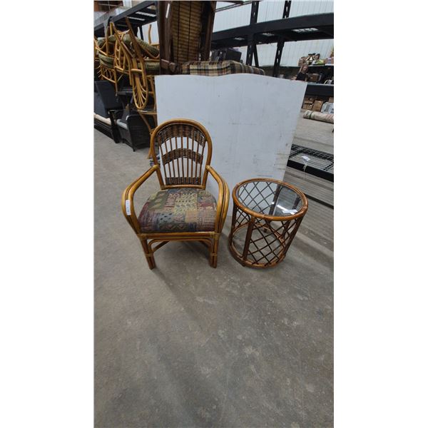 Rattan Armchair with Patchwork Cushion and Rattan Round Side Table with Glass Top