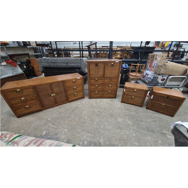 4-Piece MCM Rattan and Wood Dresser Set with 2 Nightstands
