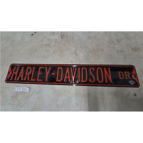 Harley-Davidson Embossed Metal Sign, "HARLEY-DAVIDSON DR" in Orange and Black. 6”×36”