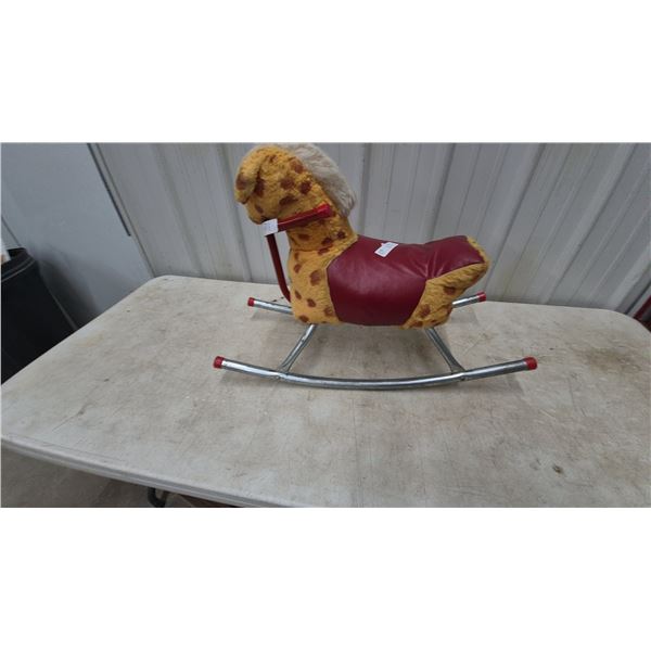 Vintage Rocking Horse Toy with Metal Frame and Red Accents