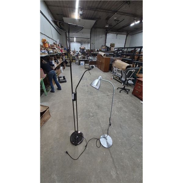 Two Floor Lamps: Black Torchiere and Reading Lamp, Silver Adjustable Reading Lamp