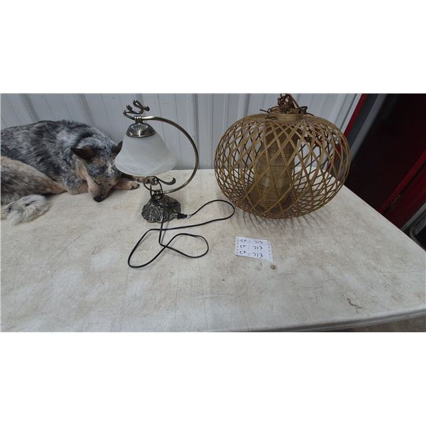 Table Lamp, Woven Rattan Pendant Light, and Dog