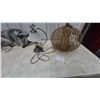 Image 1 : Table Lamp, Woven Rattan Pendant Light, and Dog