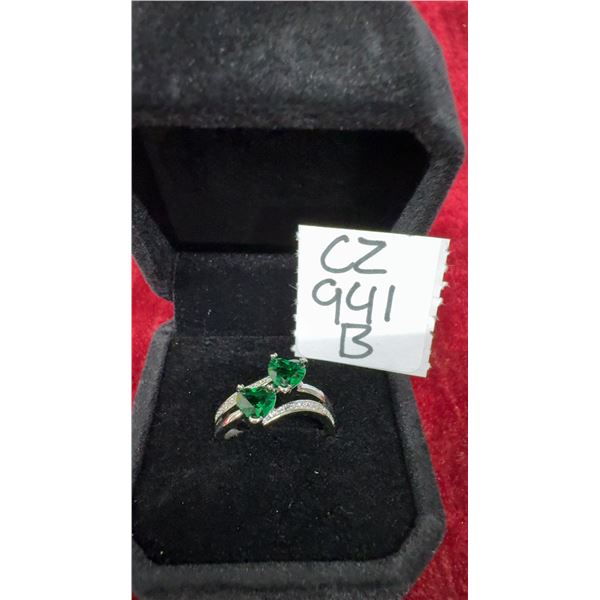Platinum Plated 1.0tcw Heart Cut Lab-Created Emerald Double Heart Ring, Size 7