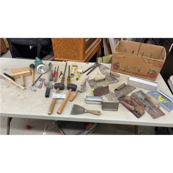 Lot of Tools: Drywall Tools, Trowels, Rubber Mallets, Putty Knives, Wire Brushes, Flashlight