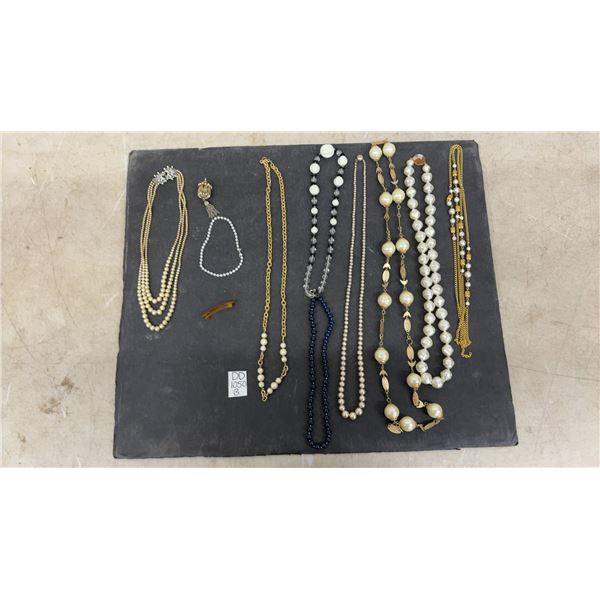 Assorted Fashion Jewelry, Faux Pearl and Bead Necklaces, Cage Brooch and Hair Barrette