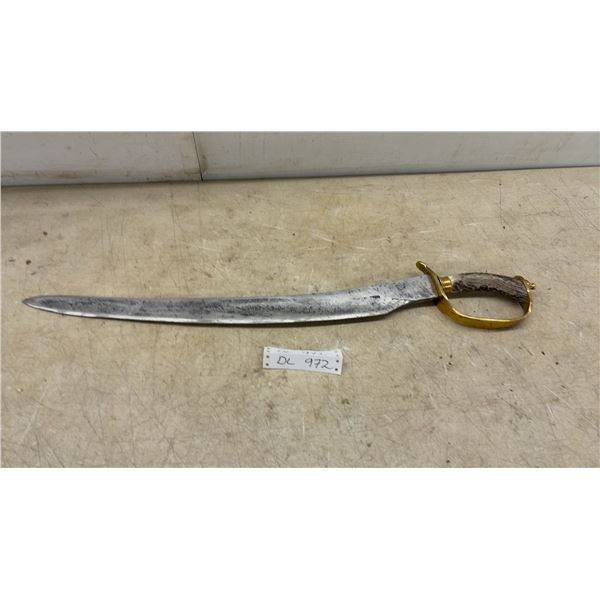 Antique D-Guard Cutlass Hunting Sword with Curved Steel Blade, Antler Handle, and Brass Hilt