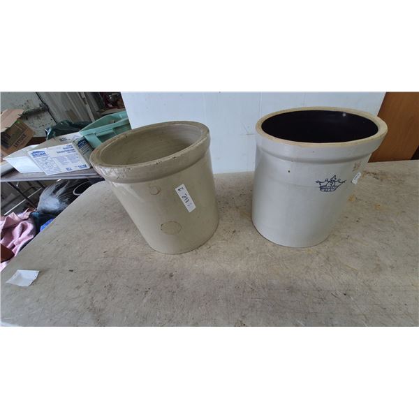 Two Stoneware Crocks: One with Blue "3 U.S.A." Crown Logo, One 5 ga0l. Medalta