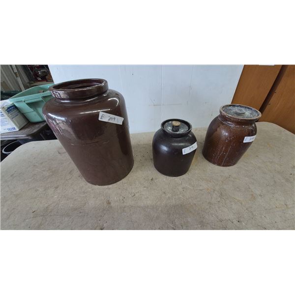 Three Stoneware Crocks: Large Brown Crock, Small Brown Crock with Lid, and Brown Crock