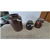 Image 1 : Three Stoneware Crocks: Large Brown Crock, Small Brown Crock with Lid, and Brown Crock