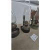 Image 3 : Three Kerosene Lanterns with Clear Glass Chimneys and Metal wall mount