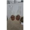 Image 2 : Four Oil Lamps: Two Copper-Toned, One Brass-Toned, and One Wall-Mountable with Iron Base