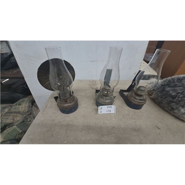 Three Kerosene Lamps, Two with Wall Mounts, One with Reflector