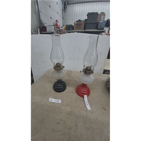 Pair of Oil Lamps with Clear Glass Chimneys and Ribbed Frosted Glass Reservoirs