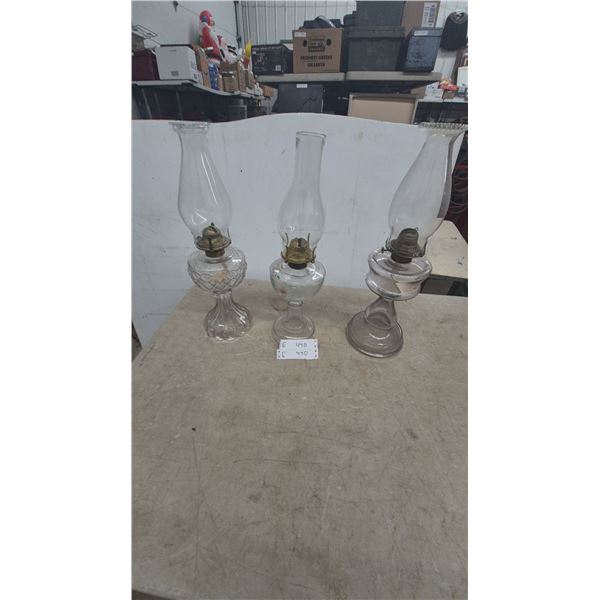 Three Glass Oil Lamps: One with Diamond Pattern Base, One with Painted Flowers, One with Fluted