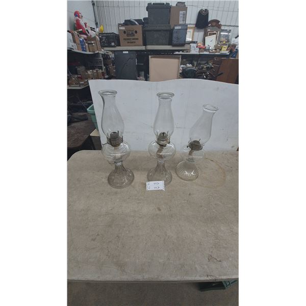 Three Clear Glass Kerosene Lamps with Chimneys and Wicks