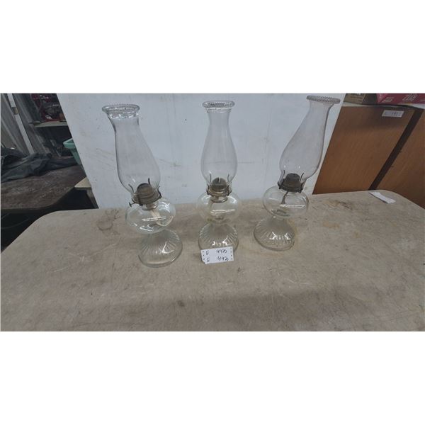 Three Clear Glass Kerosene Lamps with Chimneys and Wicks, Ribbed Bases