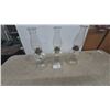Image 1 : Three Clear Glass Kerosene Lamps with Chimneys and Wicks, Ribbed Bases
