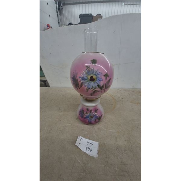Pink and Blue Floral Painted Oil Lamp with Glass Chimney and Burner. Gone with wind