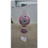 Image 1 : Pink and Blue Floral Painted Oil Lamp with Glass Chimney and Burner. Gone with wind