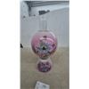 Image 3 : Pink and Blue Floral Painted Oil Lamp with Glass Chimney and Burner. Gone with wind