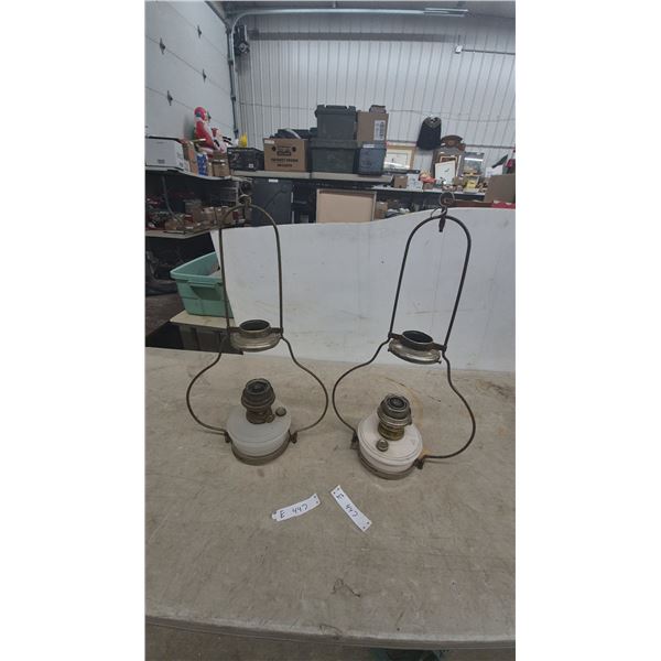 Pair of Antique Aladdin Oil Lamps Burners and Frosted Glass Reservoirs with Wire hanging Frames