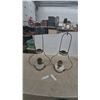 Image 1 : Pair of Antique Aladdin Oil Lamps Burners and Frosted Glass Reservoirs with Wire hanging Frames