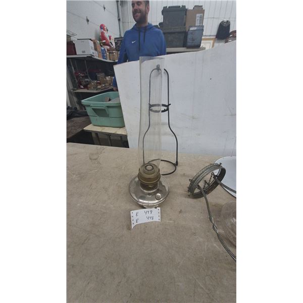 Vintage Kerosene Lamp with Glass Chimney, Metal hanging Holder, and Decorative Metal Shade