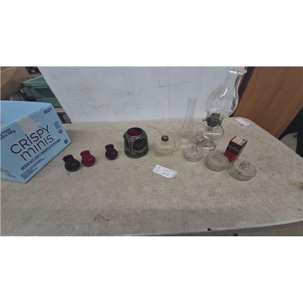 Assorted Oil Lamps and Parts, 3 Small Vases, and KoneKap Wicks