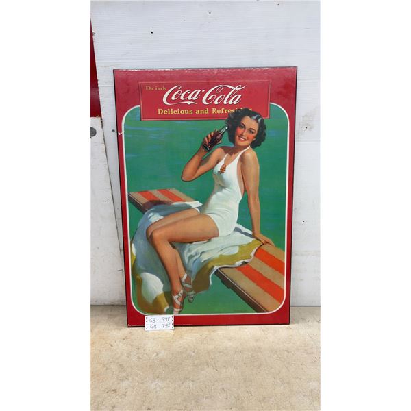 Coca-Cola "Delicious and Refreshing" Hardboard Sign, Woman in Swimsuit, 24 × 36”