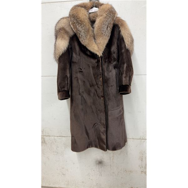 Dark Brown Mink Fur Coat with Natural Fox Fur Shawl Collar and Shoulders, Mid-Length, Sz S-M