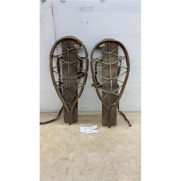 Pair of Vintage Military Wooden Snowshoes with Rope Lacing and Canvas Straps, 21 × 9”