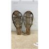 Image 2 : Pair of Vintage Military Wooden Snowshoes with Rope Lacing and Canvas Straps, 21 × 9”